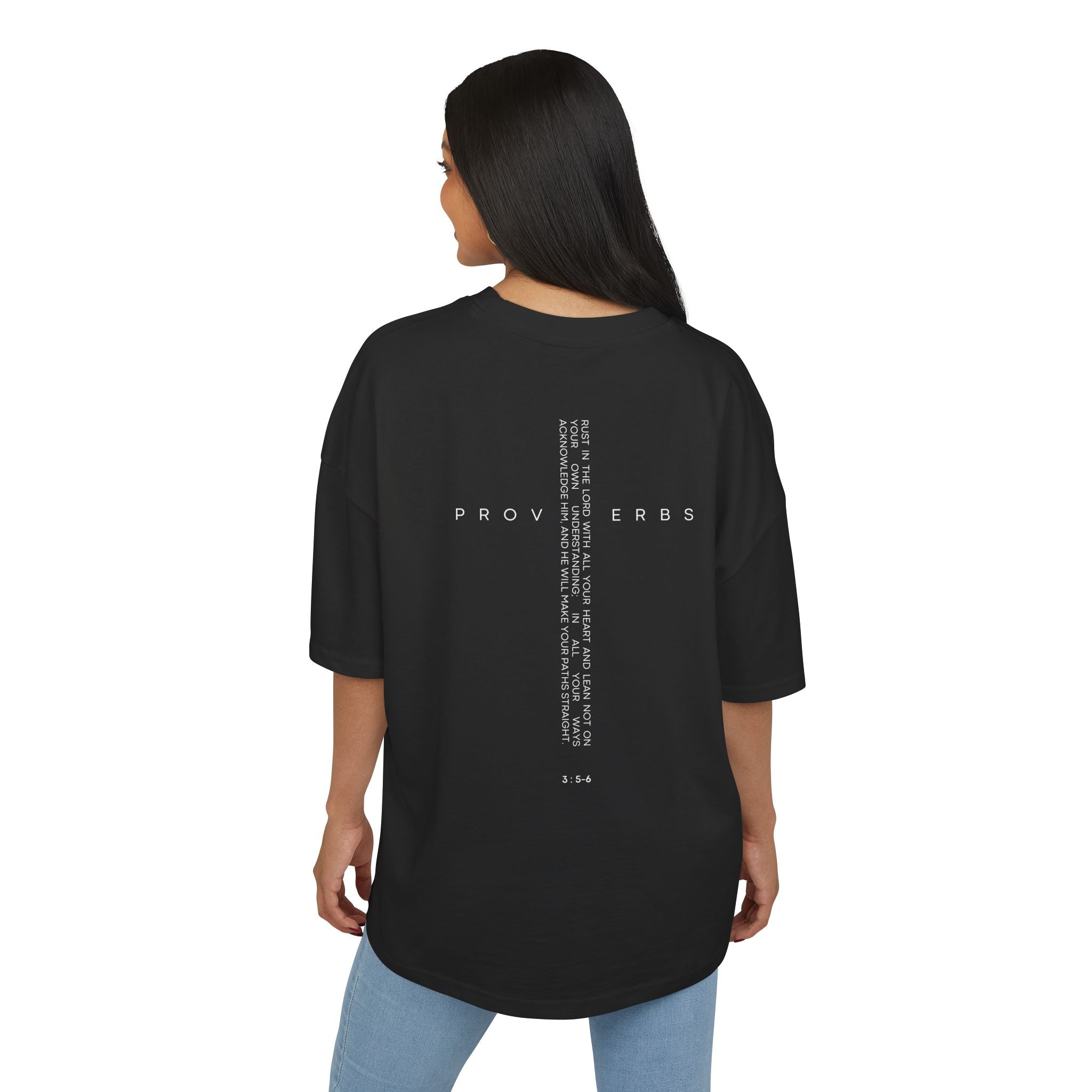 Proverbs Scripture Back-Print Box Tee — Vertical Bible Verse Design