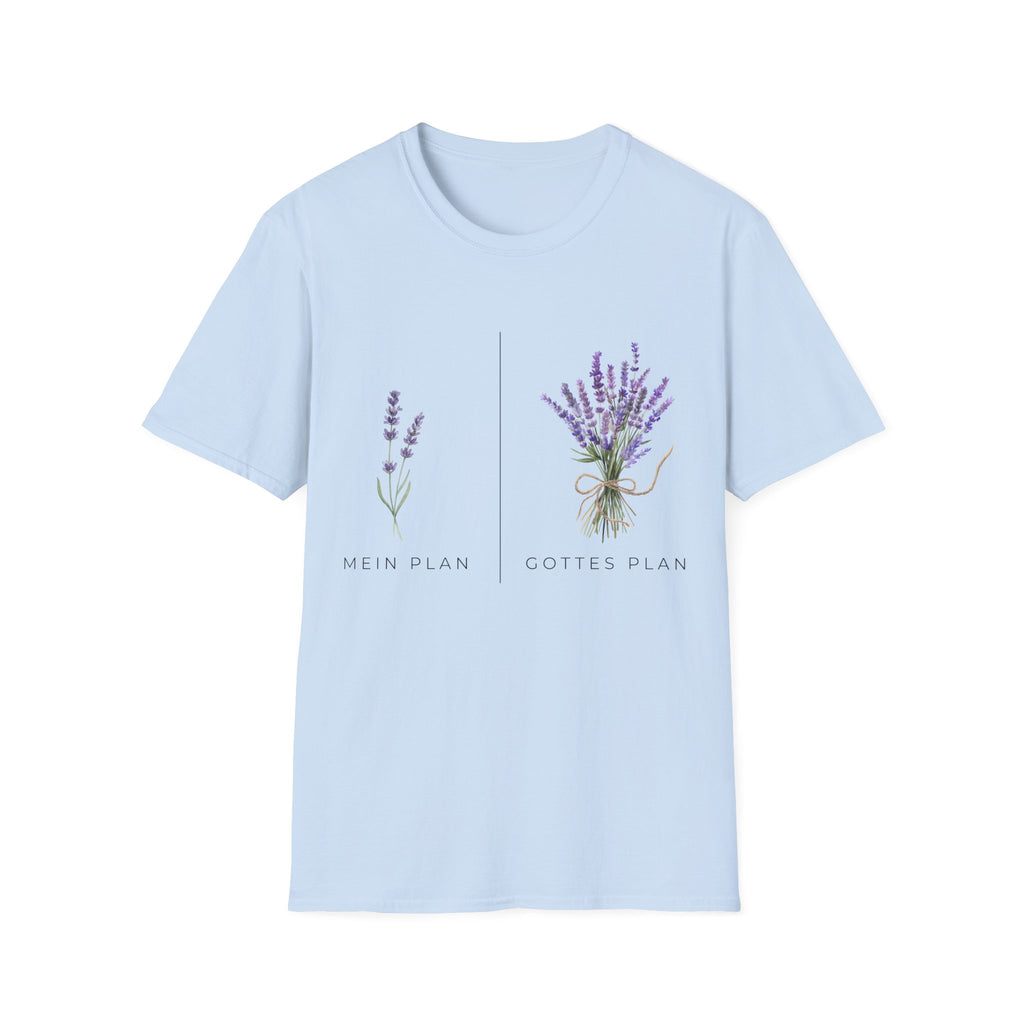 T-Shirt — Lavender Botanical Tee with "Mein Plan / Gottes Plan" Text