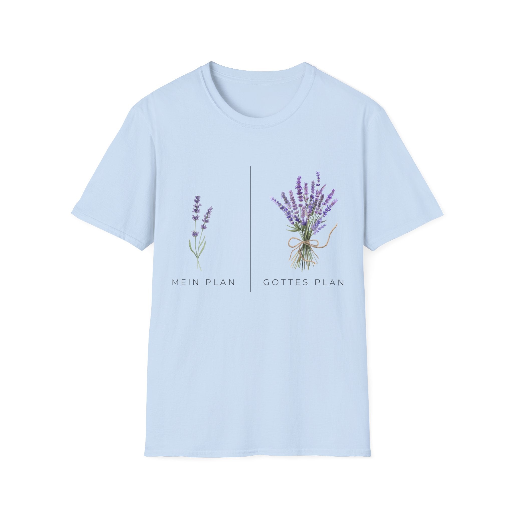 T-Shirt — Lavender Botanical Tee with "Mein Plan / Gottes Plan" Text