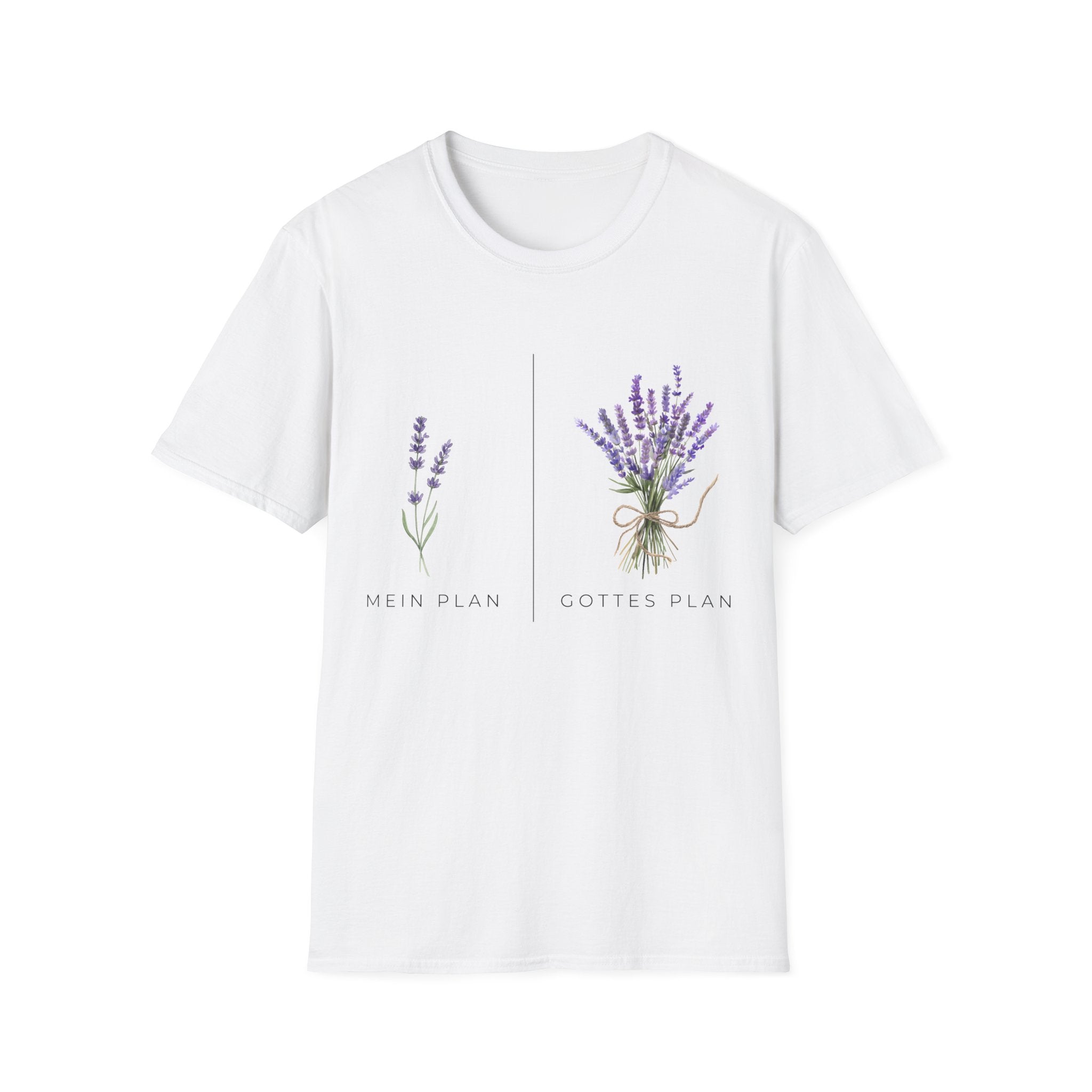 T-Shirt — Lavender Botanical Tee with "Mein Plan / Gottes Plan" Text