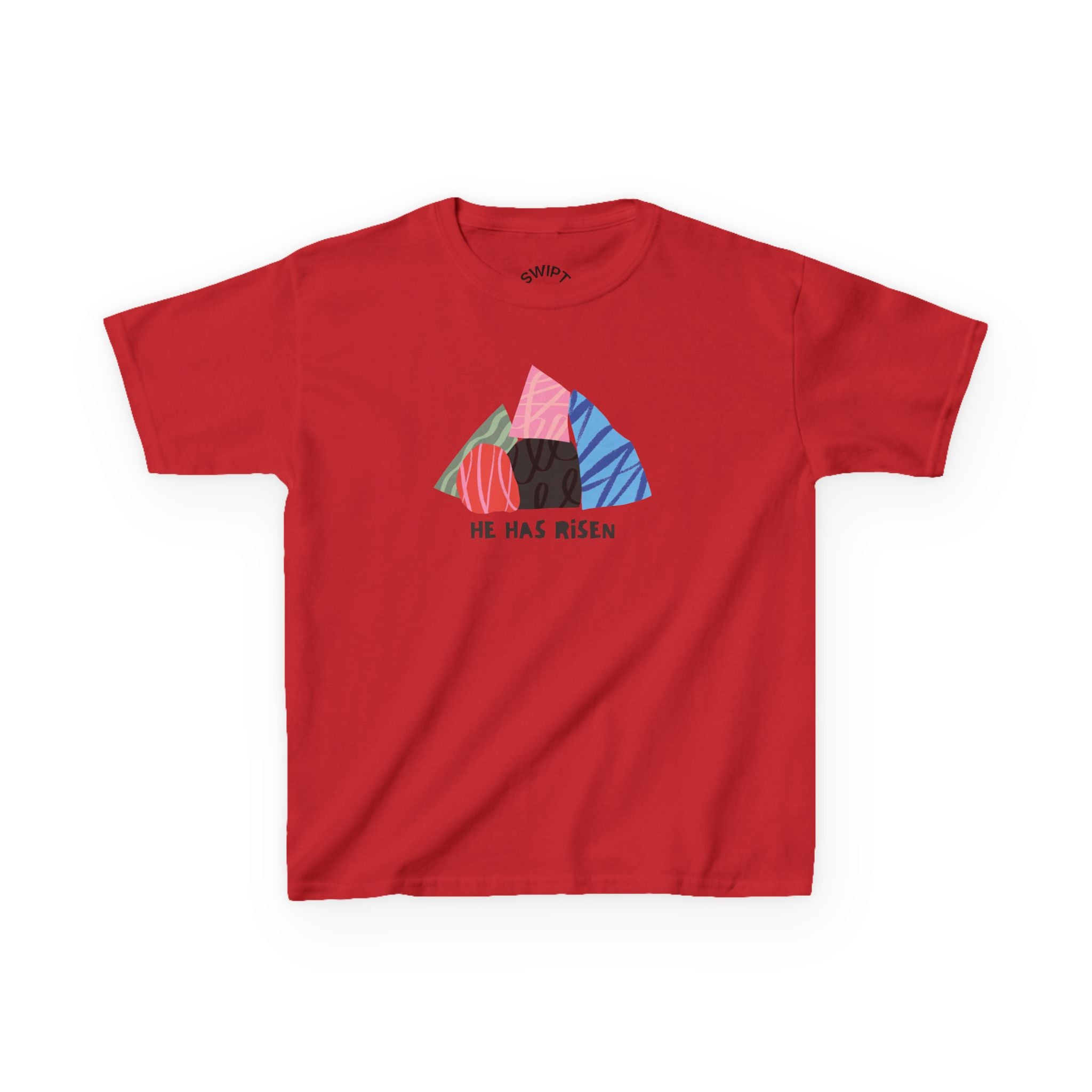 Kids Tee — Colorful Easter Tomb Design "He Has Risen"