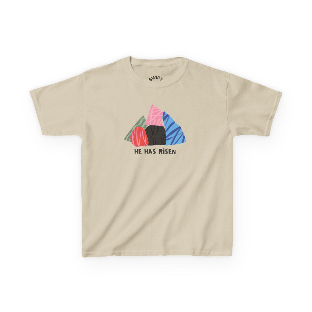 Kids Tee — Colorful Easter Tomb Design "He Has Risen"