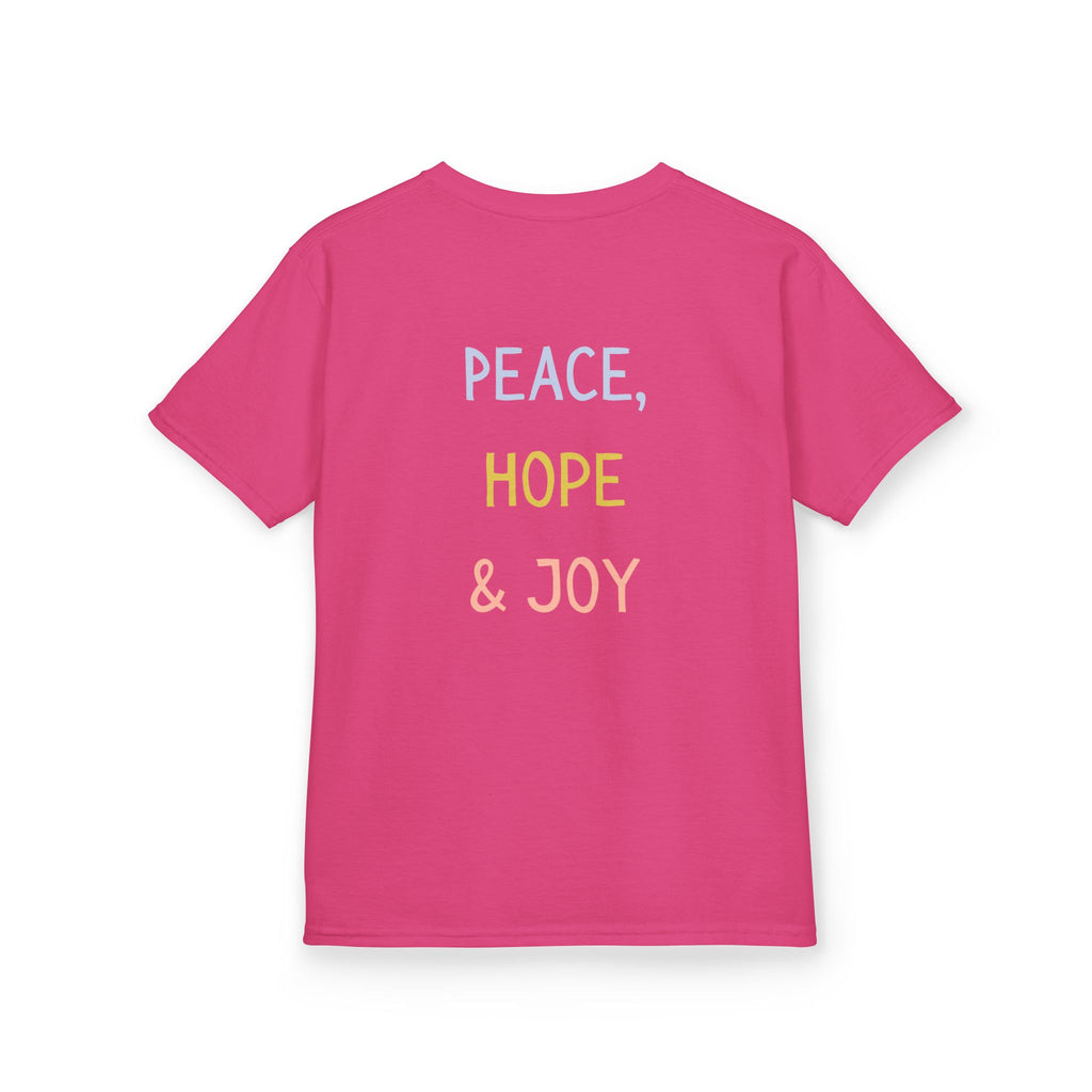 Kids Tee — Cute Good Shepherd Jesus with Lamb, “Peace, Hope & Joy” Christian Shirt