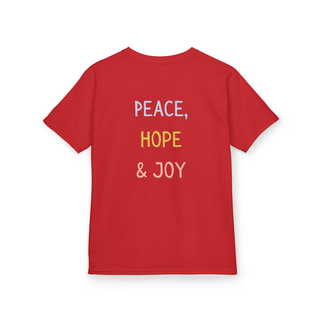 Kids Tee — Cute Good Shepherd Jesus with Lamb, “Peace, Hope & Joy” Christian Shirt