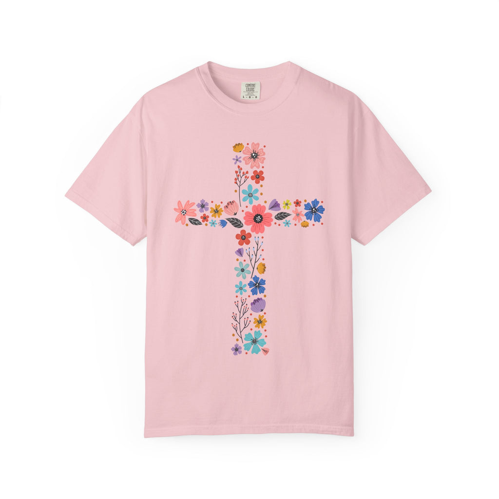 T-shirt Croix Florale — T-shirt graphique croix de fleurs colorées pour Pâques et la Foi