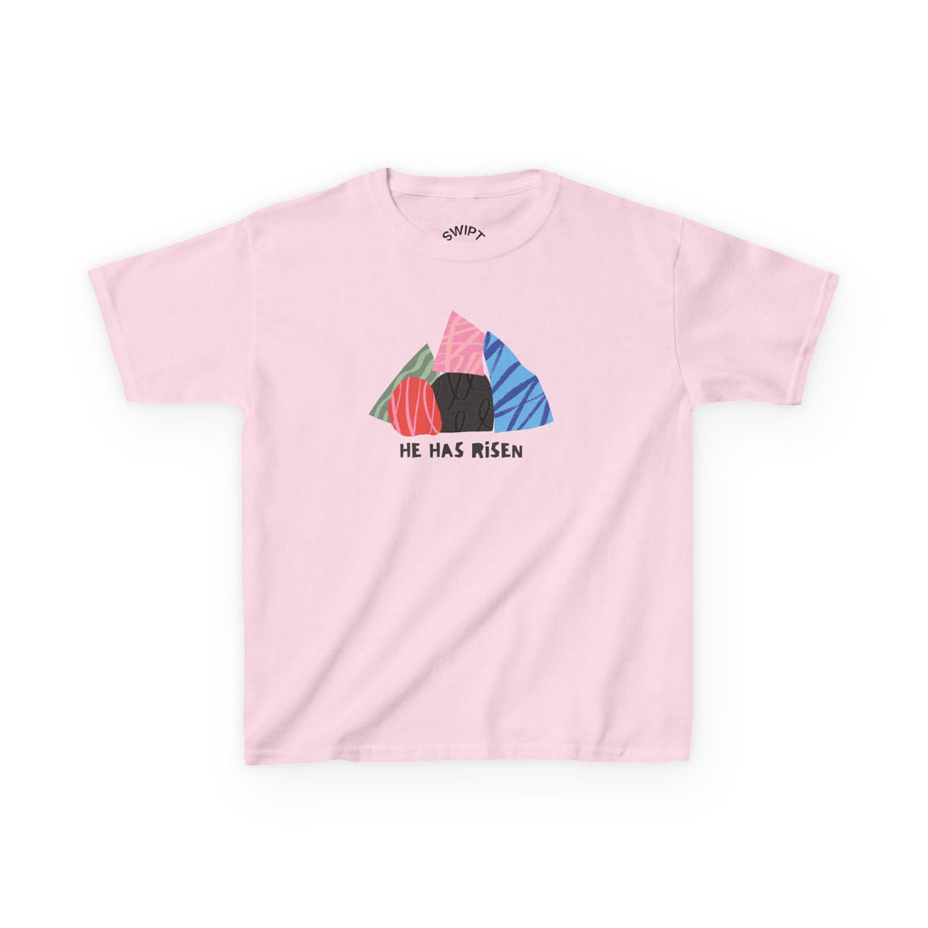 Kids Tee — Colorful Easter Tomb Design "He Has Risen"
