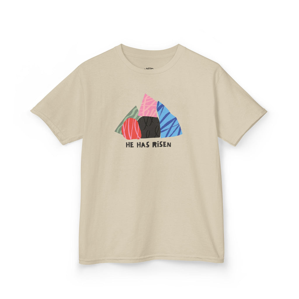 Kids Tee — Colorful Easter Tomb Design "He Has Risen"