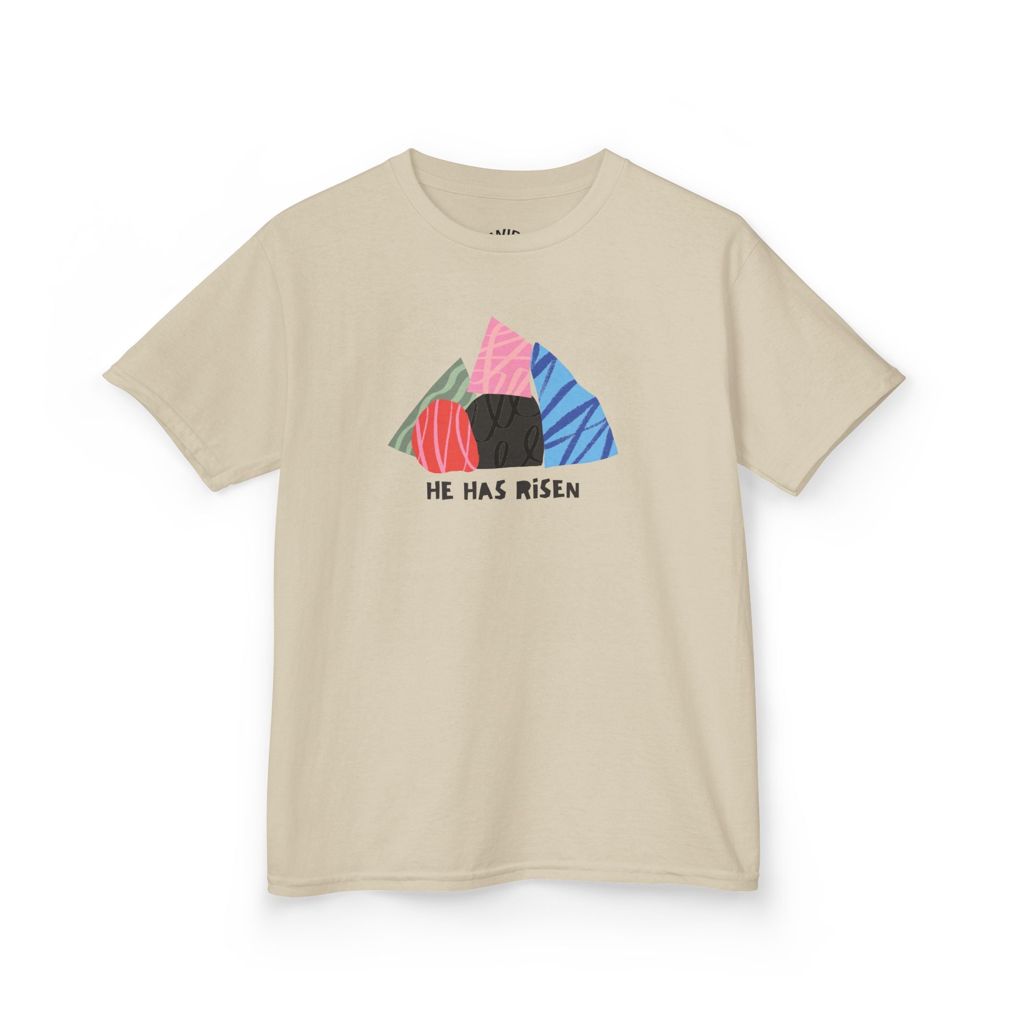 Kids Tee — Colorful Easter Tomb Design "He Has Risen"