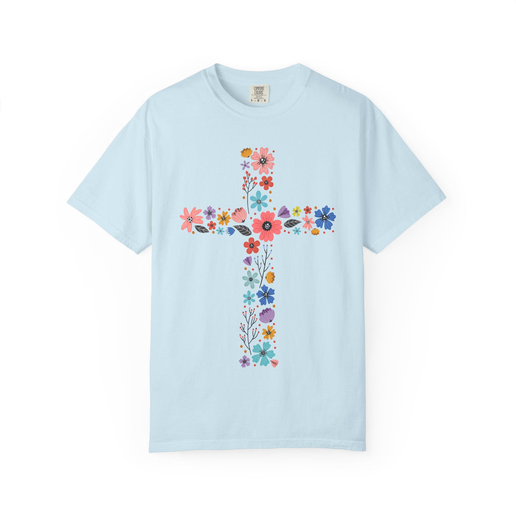 T-shirt Croix Florale — T-shirt graphique croix de fleurs colorées pour Pâques et la Foi