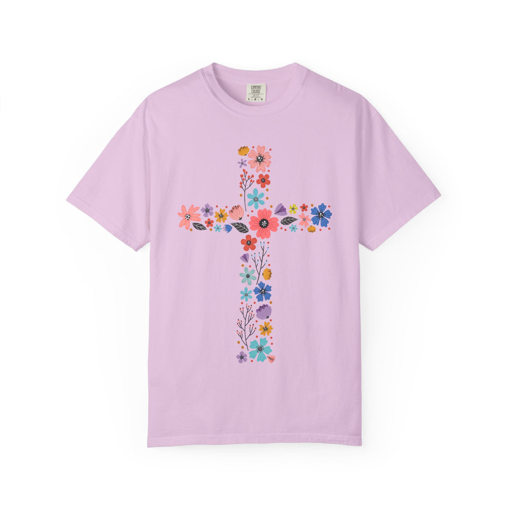T-shirt Croix Florale — T-shirt graphique croix de fleurs colorées pour Pâques et la Foi