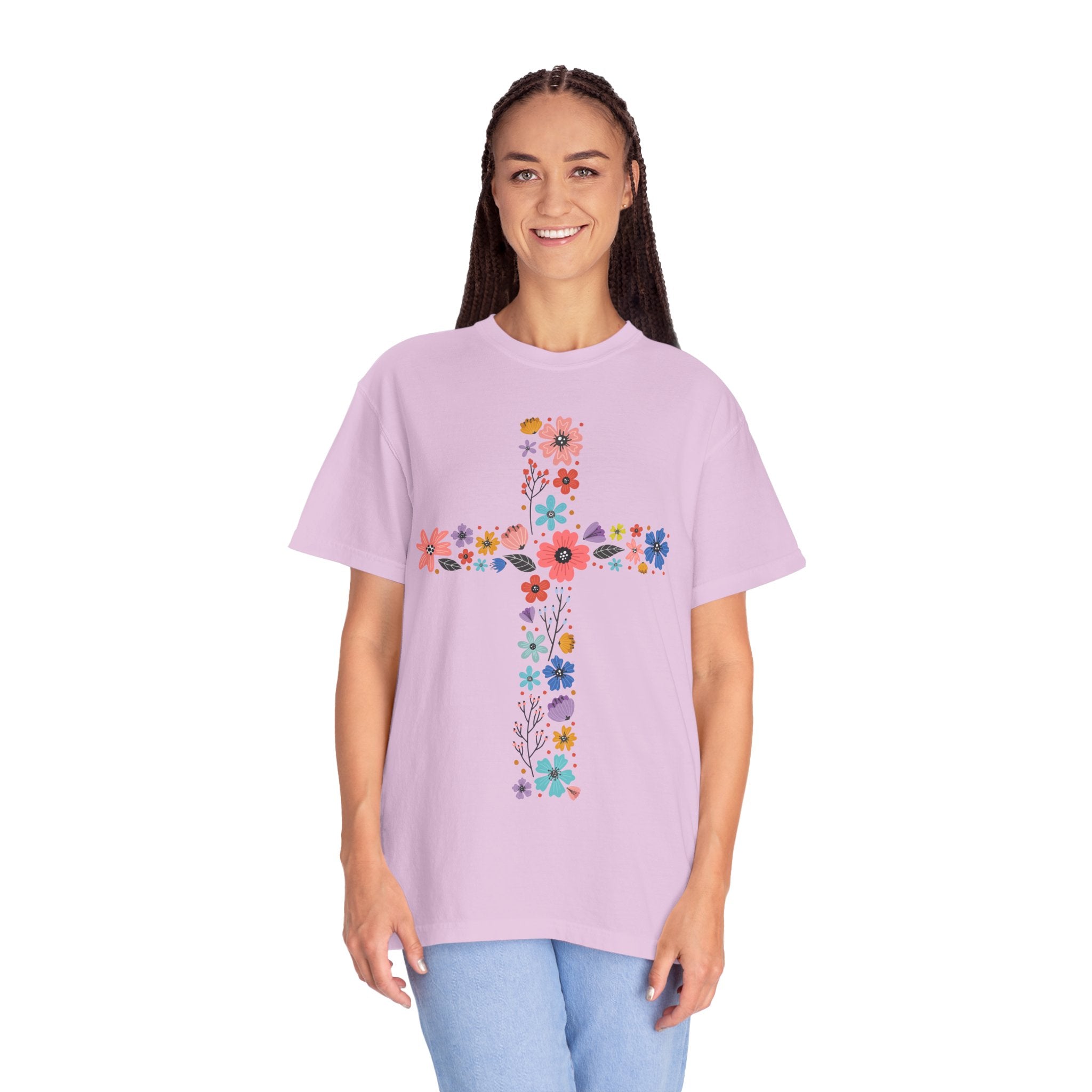 T-shirt Croix Florale — T-shirt graphique croix de fleurs colorées pour Pâques et la Foi