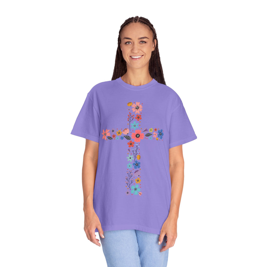 T-shirt Croix Florale — T-shirt graphique croix de fleurs colorées pour Pâques et la Foi