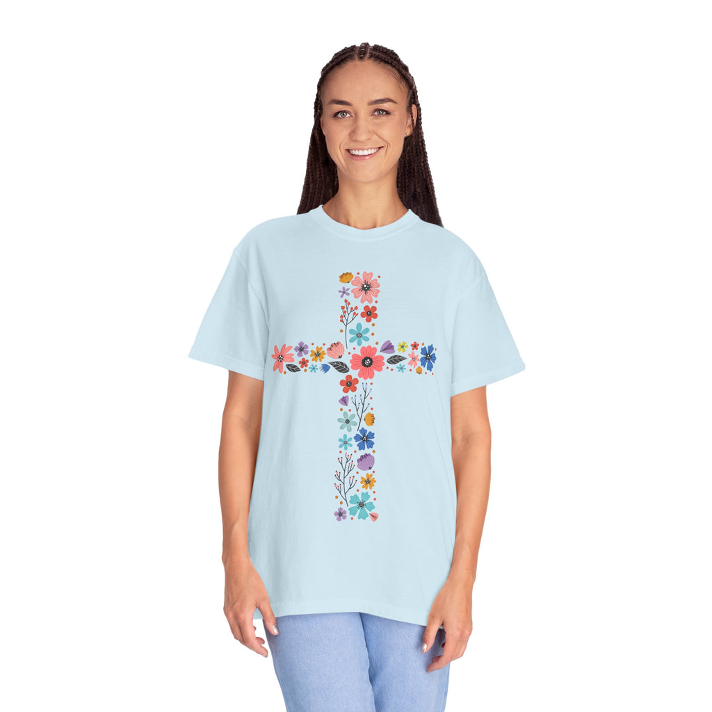 T-shirt Croix Florale — T-shirt graphique croix de fleurs colorées pour Pâques et la Foi