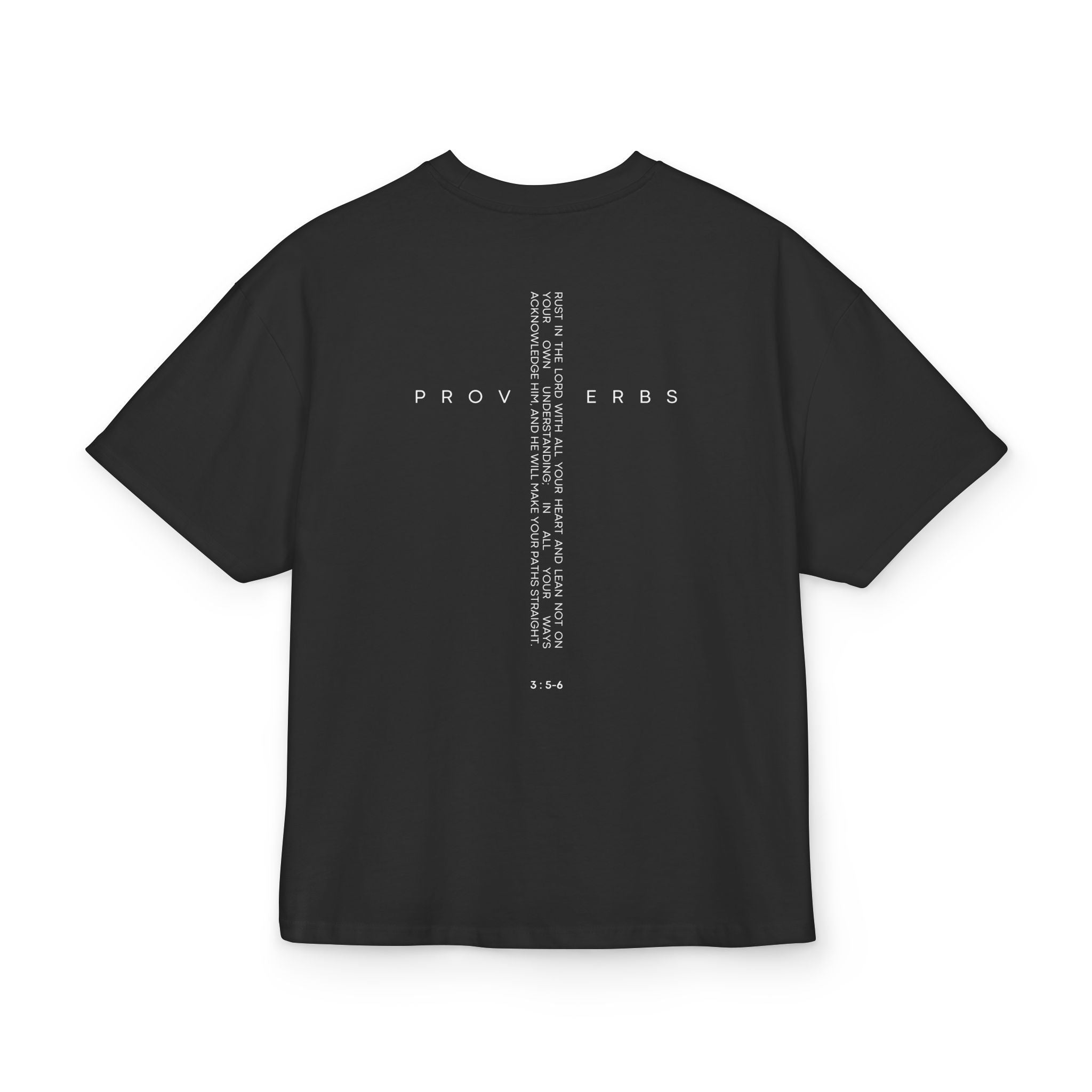 Proverbs Scripture Back-Print Box Tee — Vertical Bible Verse Design