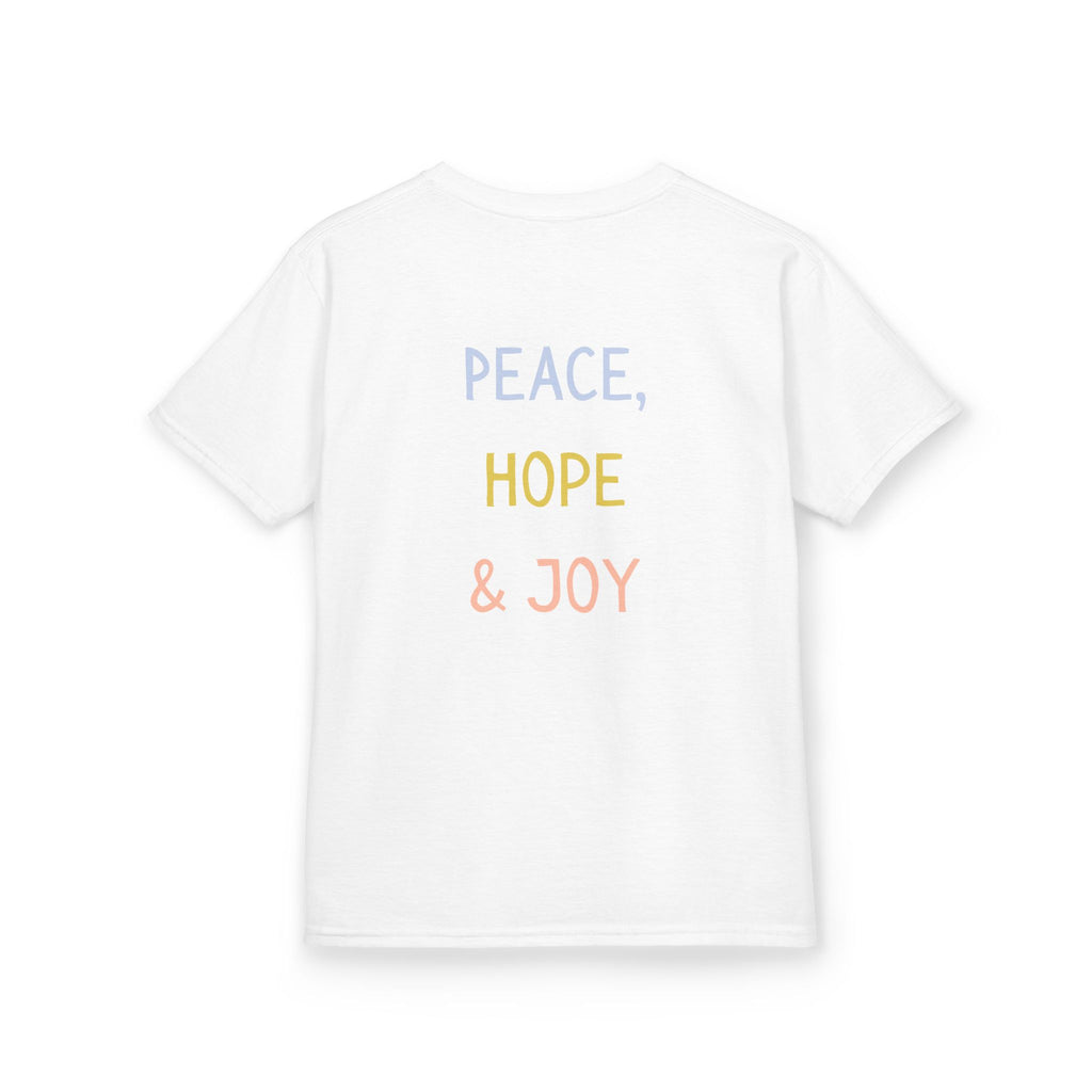 Kids Tee — Cute Good Shepherd Jesus with Lamb, “Peace, Hope & Joy” Christian Shirt
