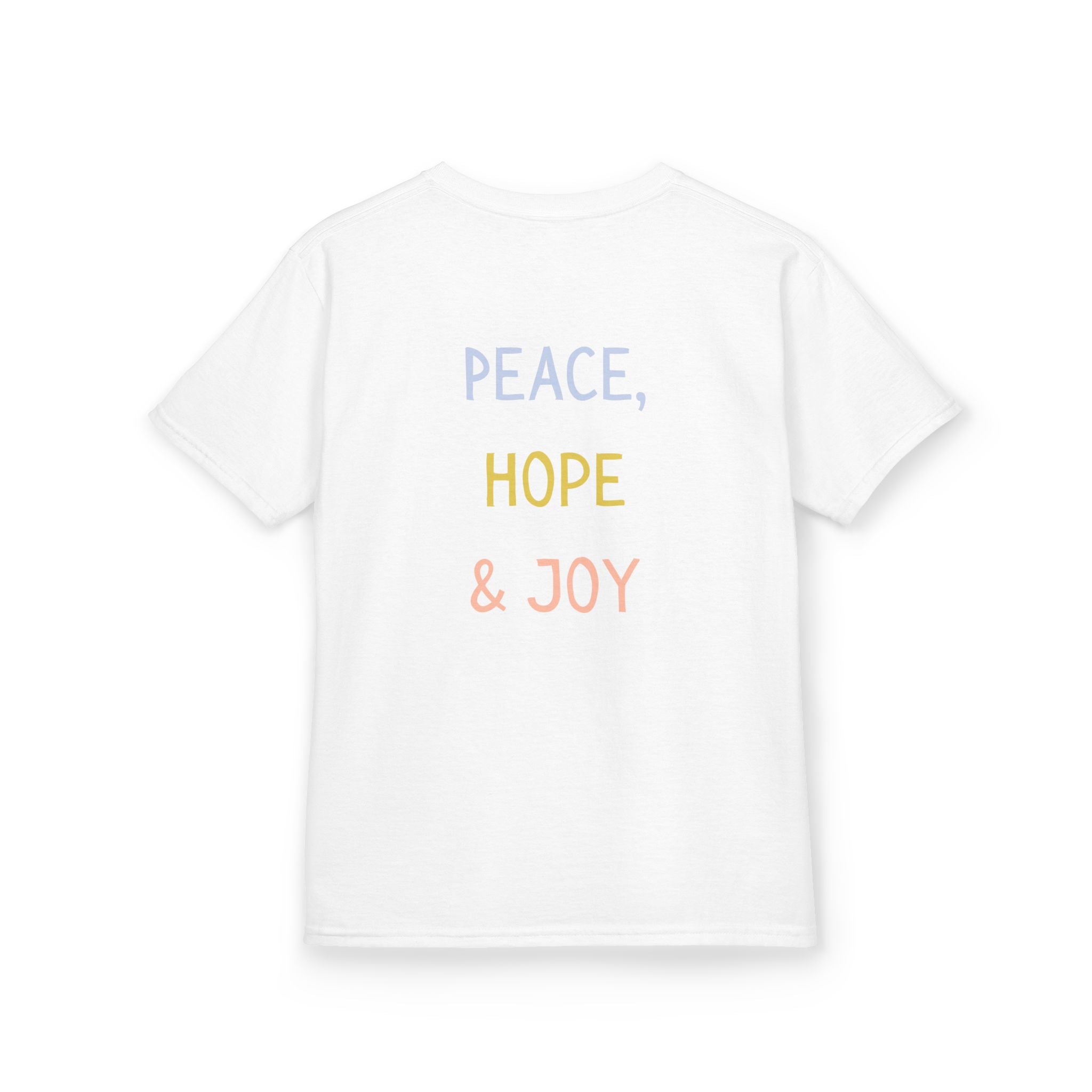 Kids Tee — Cute Good Shepherd Jesus with Lamb, “Peace, Hope & Joy” Christian Shirt