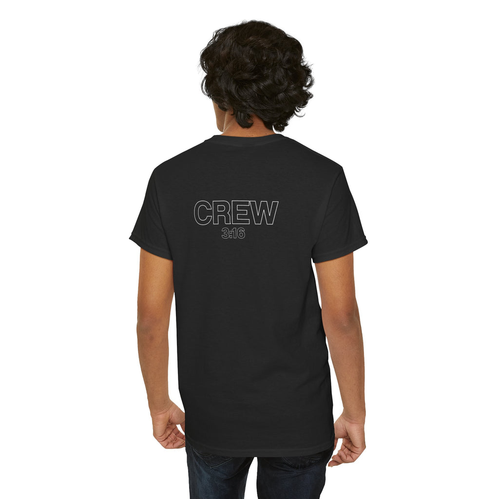Crew Back-Print T-Shirt — Minimal Outline “CREW” Graphic Tee (Black)
