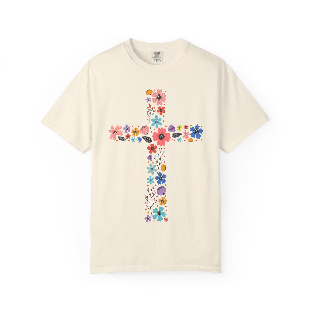 T-shirt Croix Florale — T-shirt graphique croix de fleurs colorées pour Pâques et la Foi