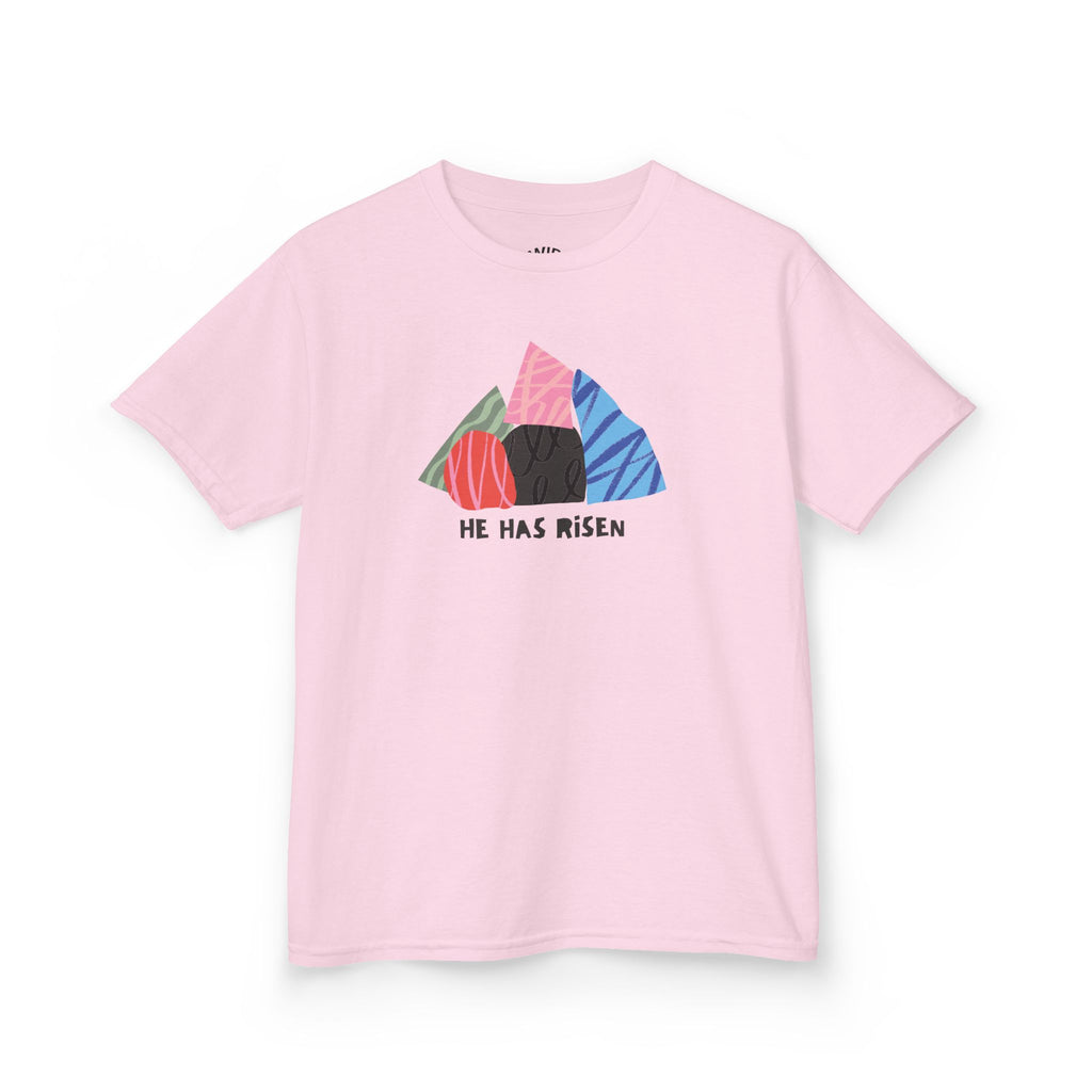 Kids Tee — Colorful Easter Tomb Design "He Has Risen"