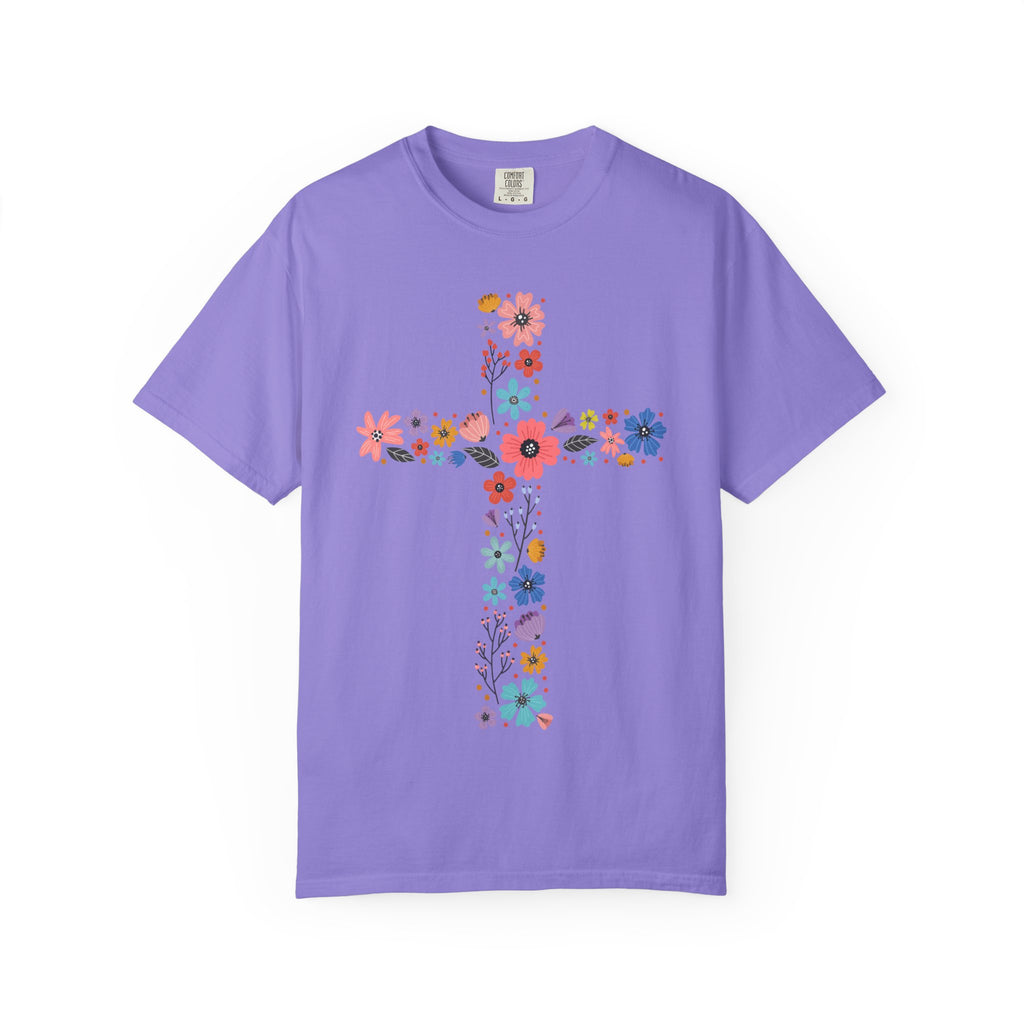 T-shirt Croix Florale — T-shirt graphique croix de fleurs colorées pour Pâques et la Foi