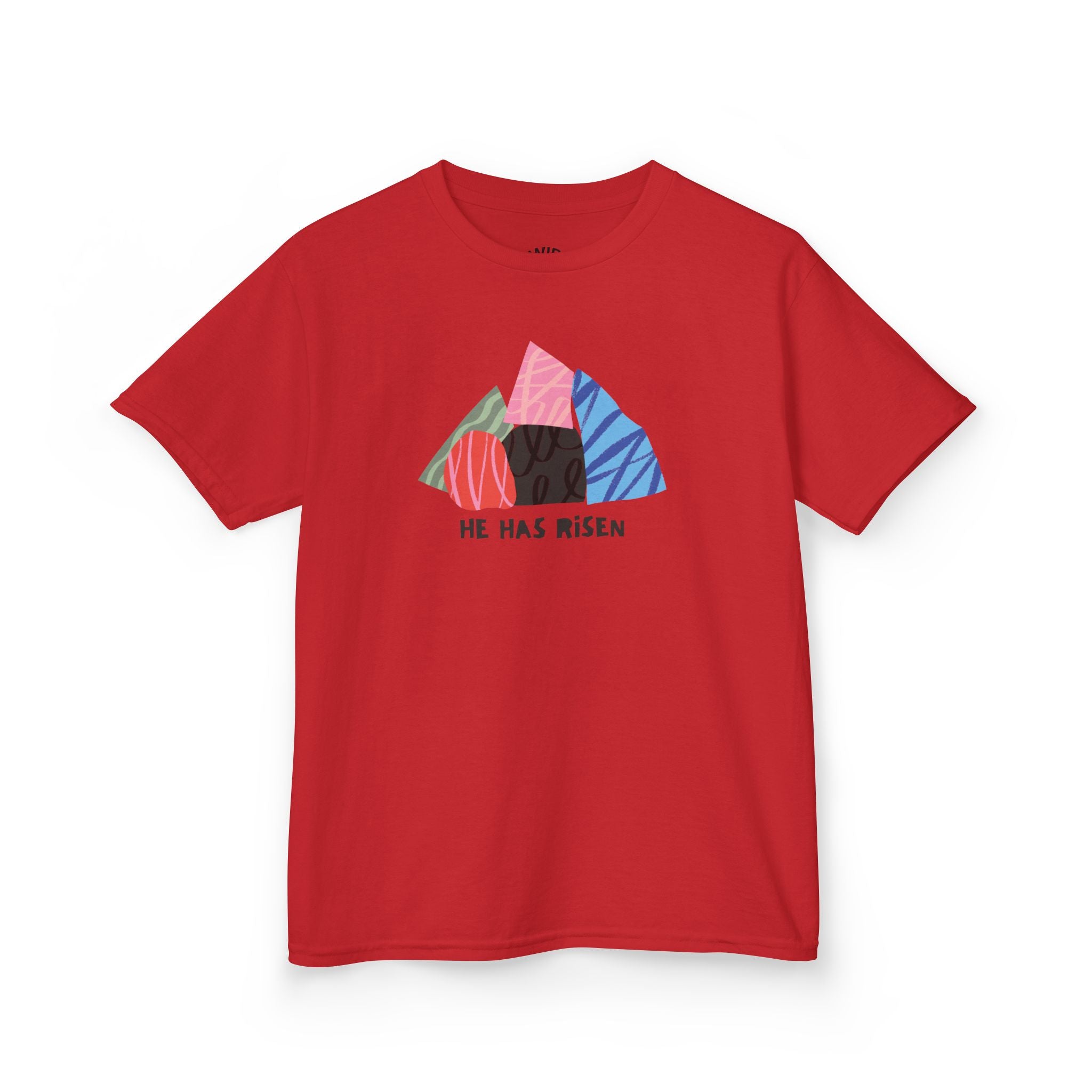 Kids Tee — Colorful Easter Tomb Design "He Has Risen"