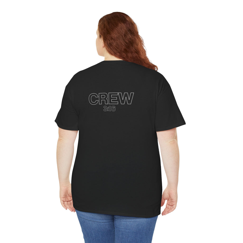 Crew Back-Print T-Shirt — Minimal Outline “CREW” Graphic Tee (Black)