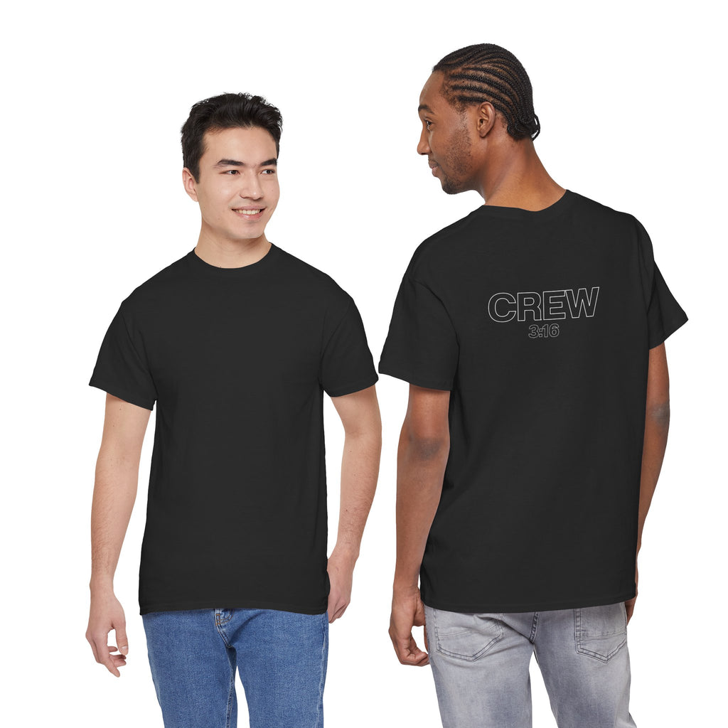 Crew Back-Print T-Shirt — Minimal Outline “CREW” Graphic Tee (Black)