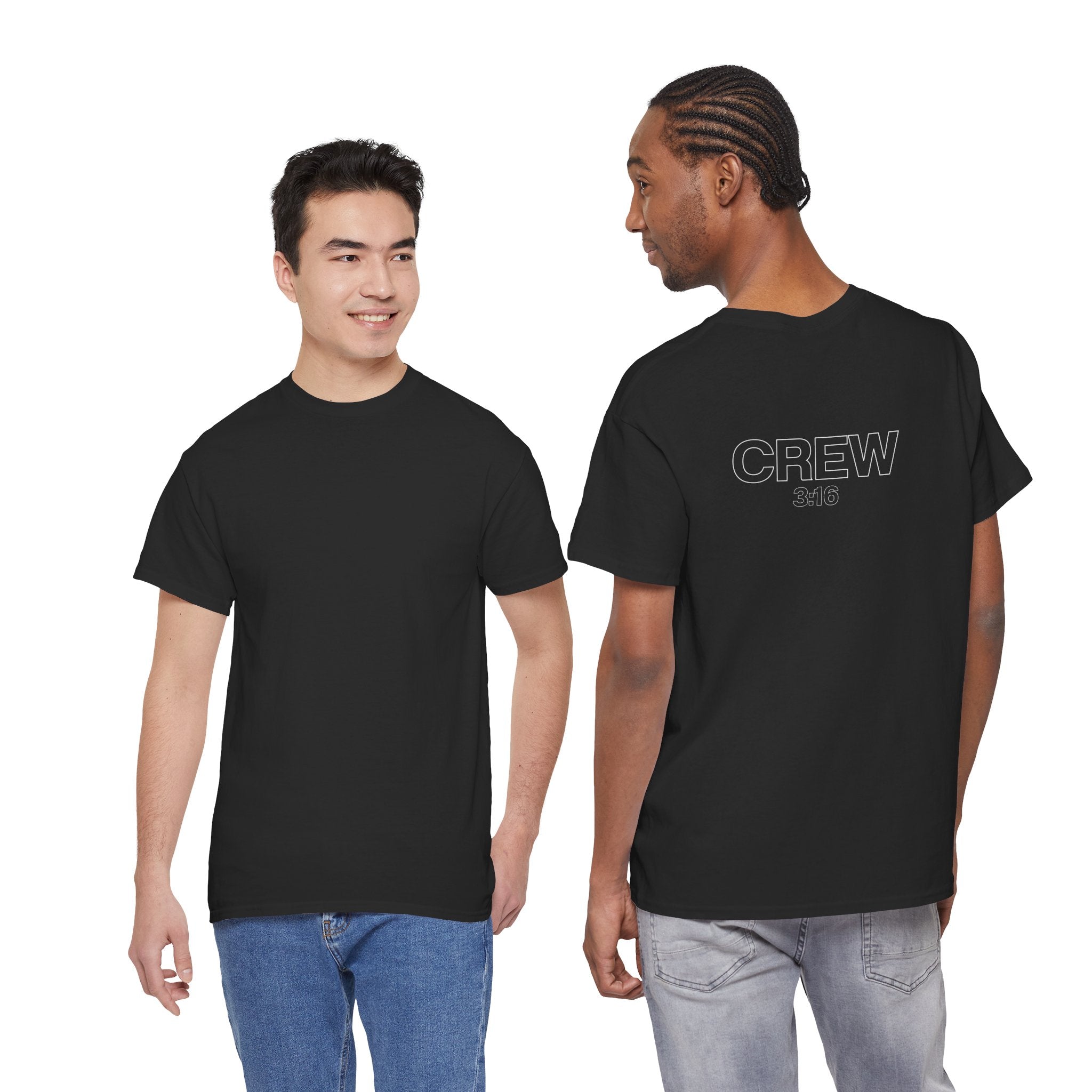 Crew Back-Print T-Shirt — Minimal Outline “CREW” Graphic Tee (Black)