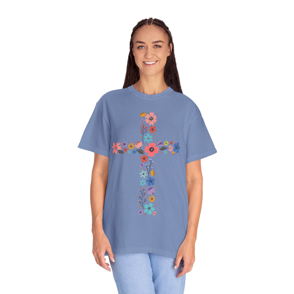 T-shirt Croix Florale — T-shirt graphique croix de fleurs colorées pour Pâques et la Foi