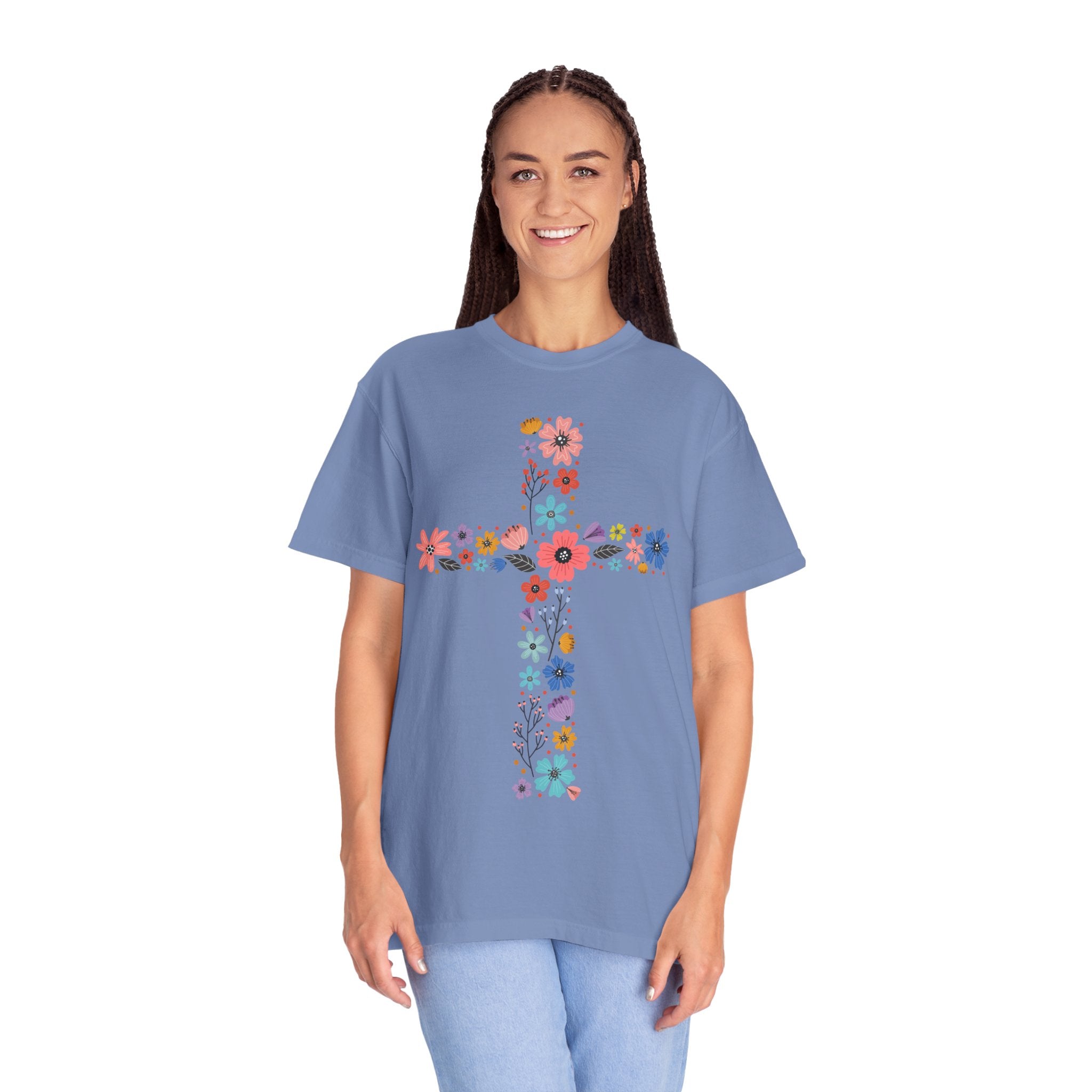 T-shirt Croix Florale — T-shirt graphique croix de fleurs colorées pour Pâques et la Foi