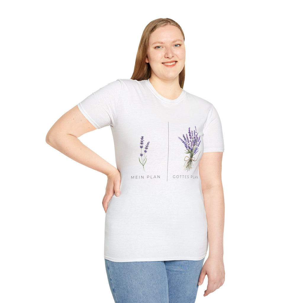 T-Shirt — Lavender Botanical Tee with "Mein Plan / Gottes Plan" Text