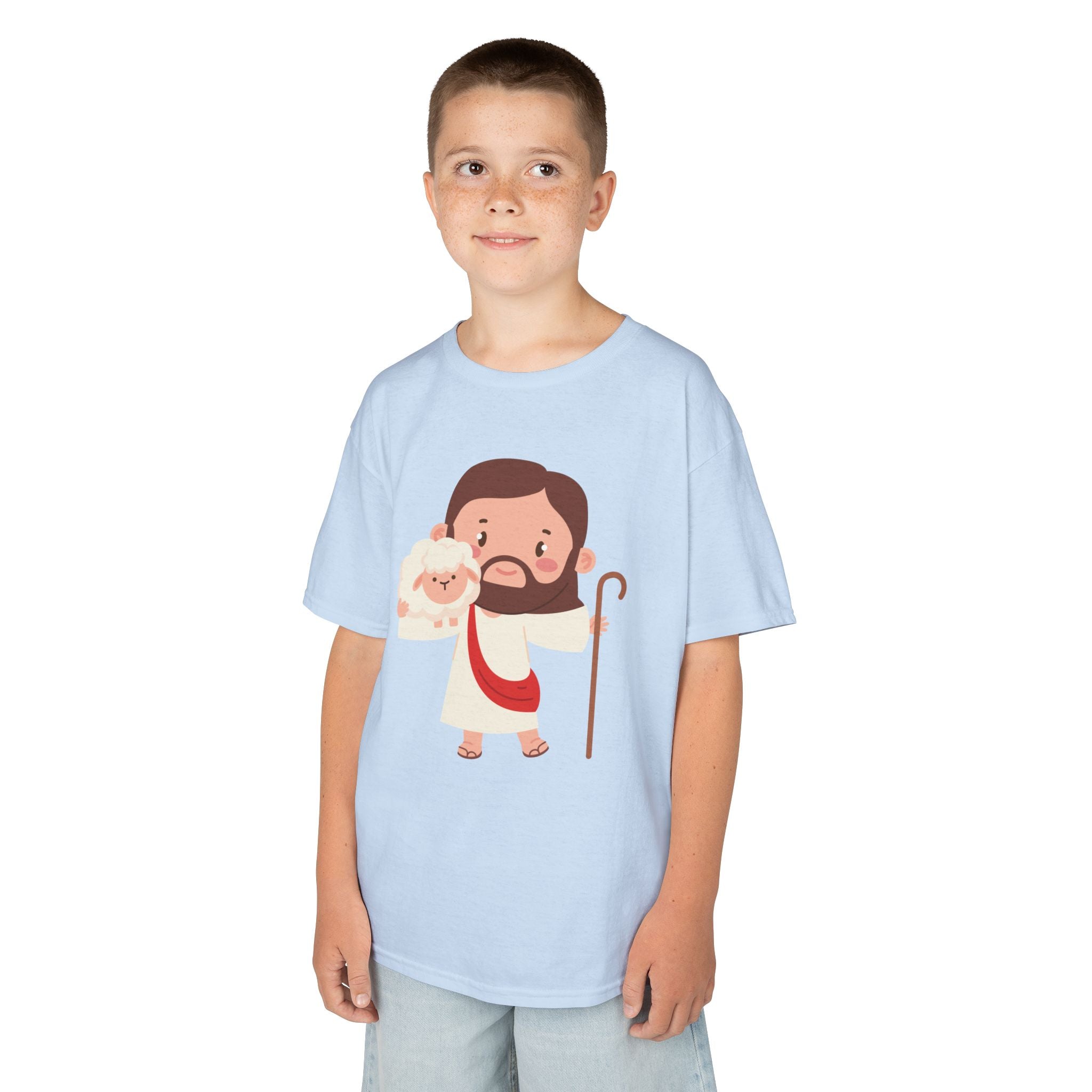 Kids Tee — Cute Good Shepherd Jesus with Lamb, “Peace, Hope & Joy” Christian Shirt