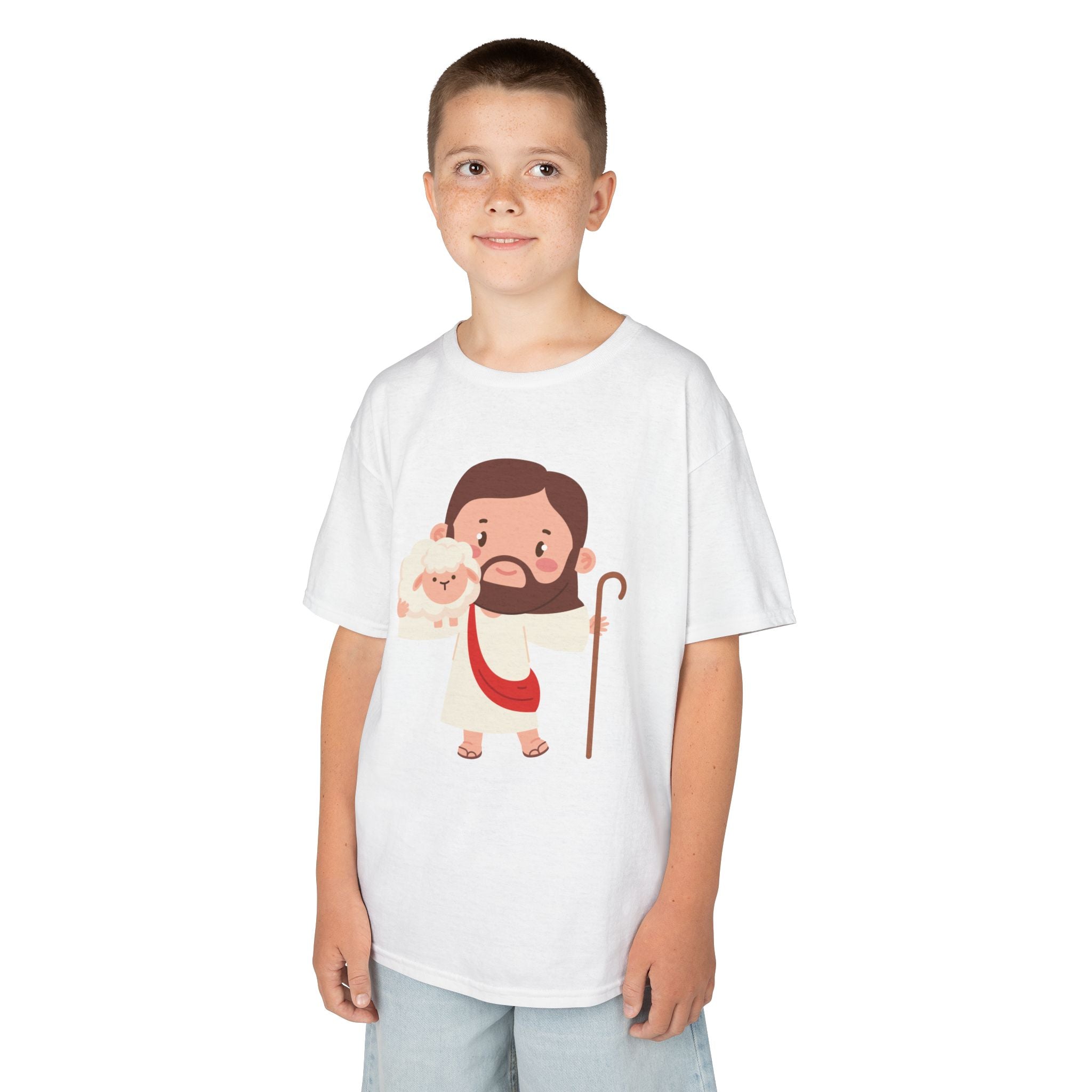 Kids Tee — Cute Good Shepherd Jesus with Lamb, “Peace, Hope & Joy” Christian Shirt