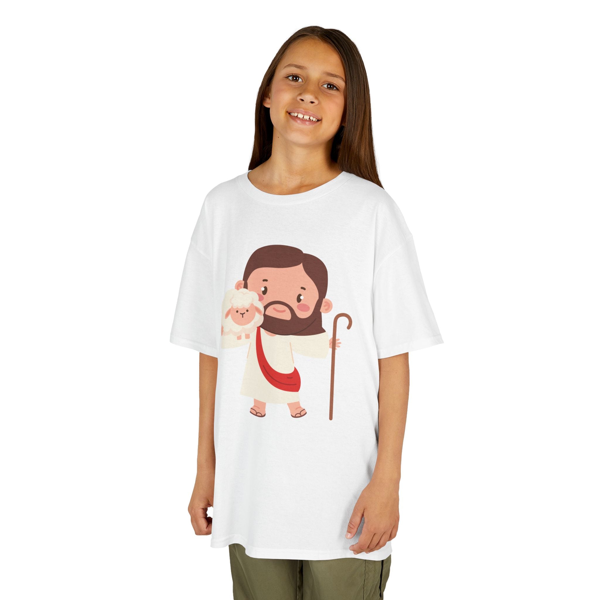 Kids Tee — Cute Good Shepherd Jesus with Lamb, “Peace, Hope & Joy” Christian Shirt