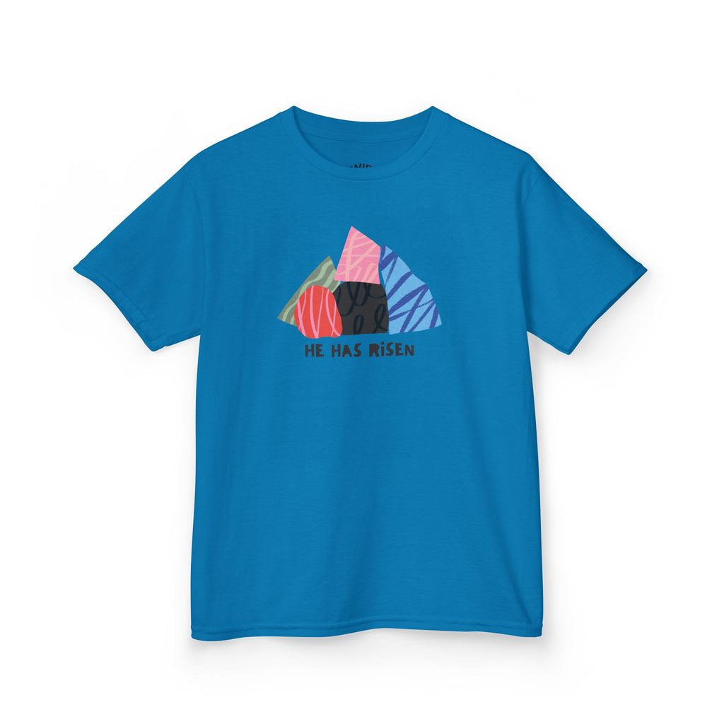 Kids Tee — Colorful Easter Tomb Design "He Has Risen"