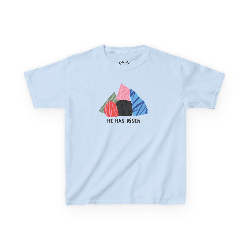 Kids Tee — Colorful Easter Tomb Design "He Has Risen"