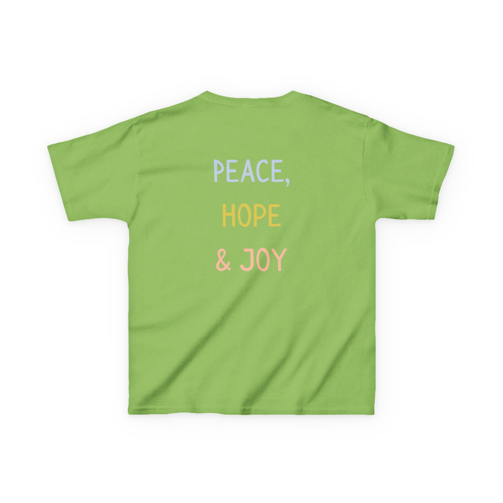 Kids Tee — Cute Good Shepherd Jesus with Lamb, “Peace, Hope & Joy” Christian Shirt