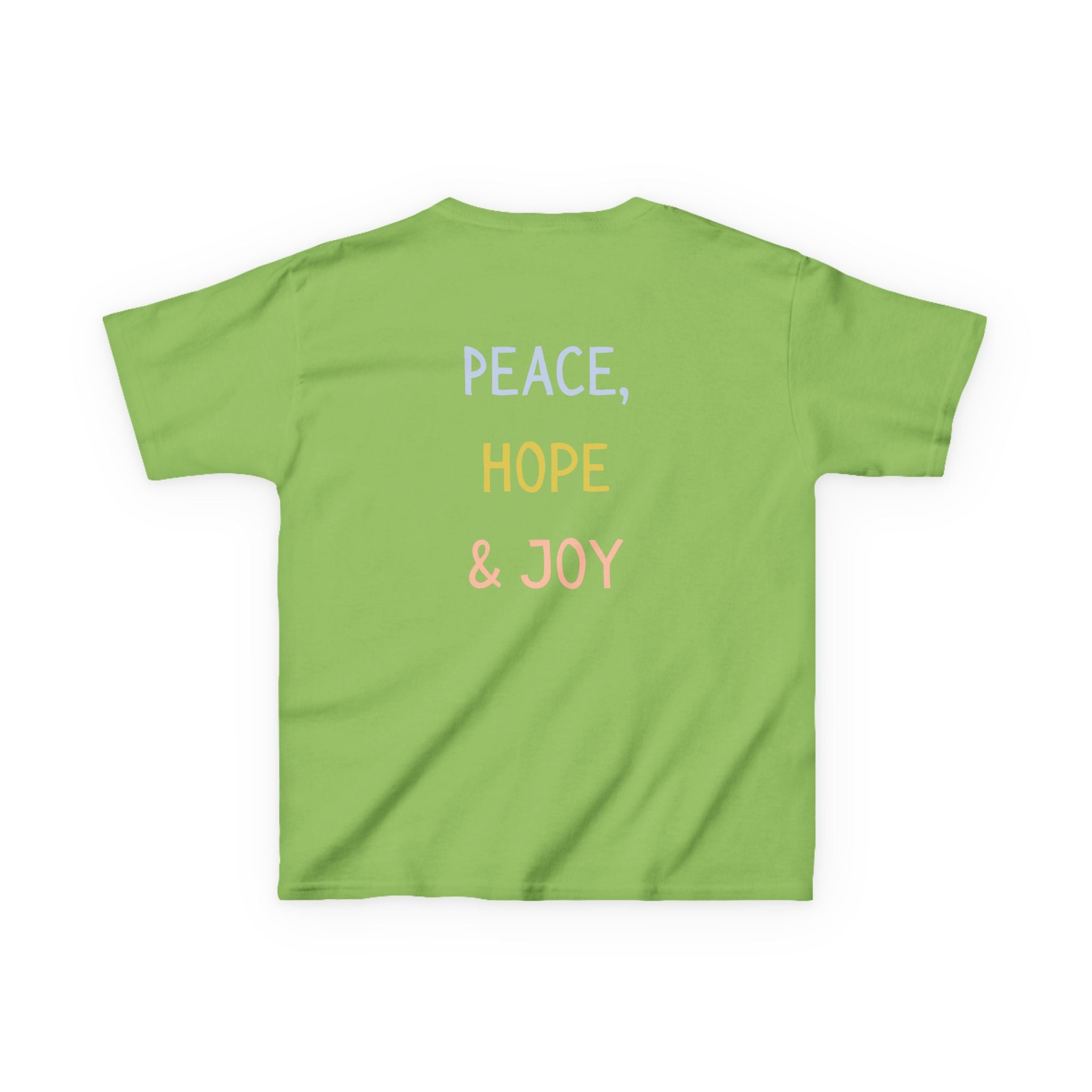 Kids Tee — Cute Good Shepherd Jesus with Lamb, “Peace, Hope & Joy” Christian Shirt