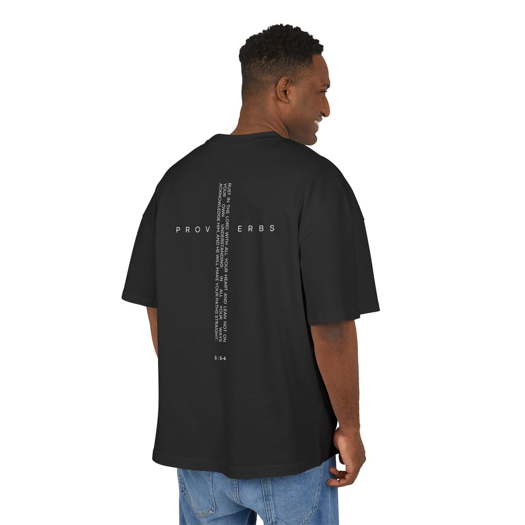 Proverbs Scripture Back-Print Box Tee — Vertical Bible Verse Design