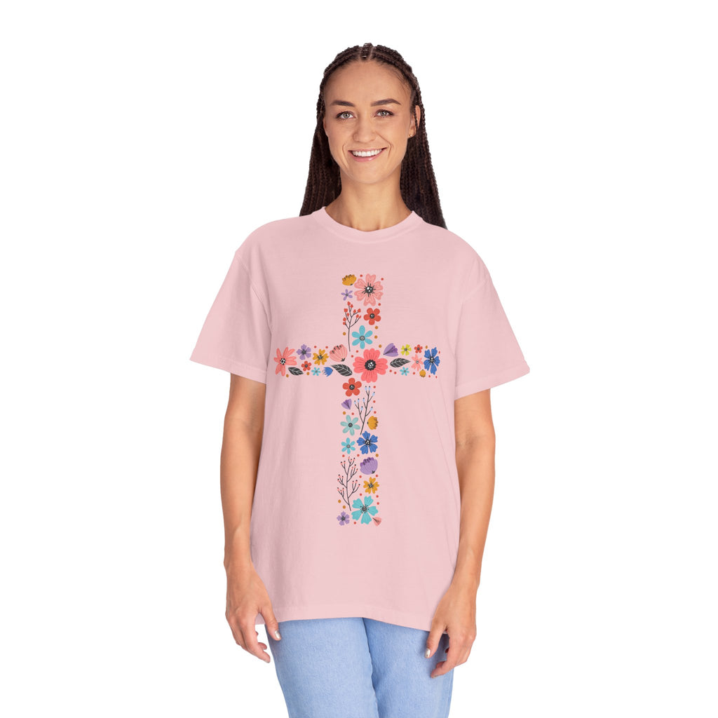 T-shirt Croix Florale — T-shirt graphique croix de fleurs colorées pour Pâques et la Foi