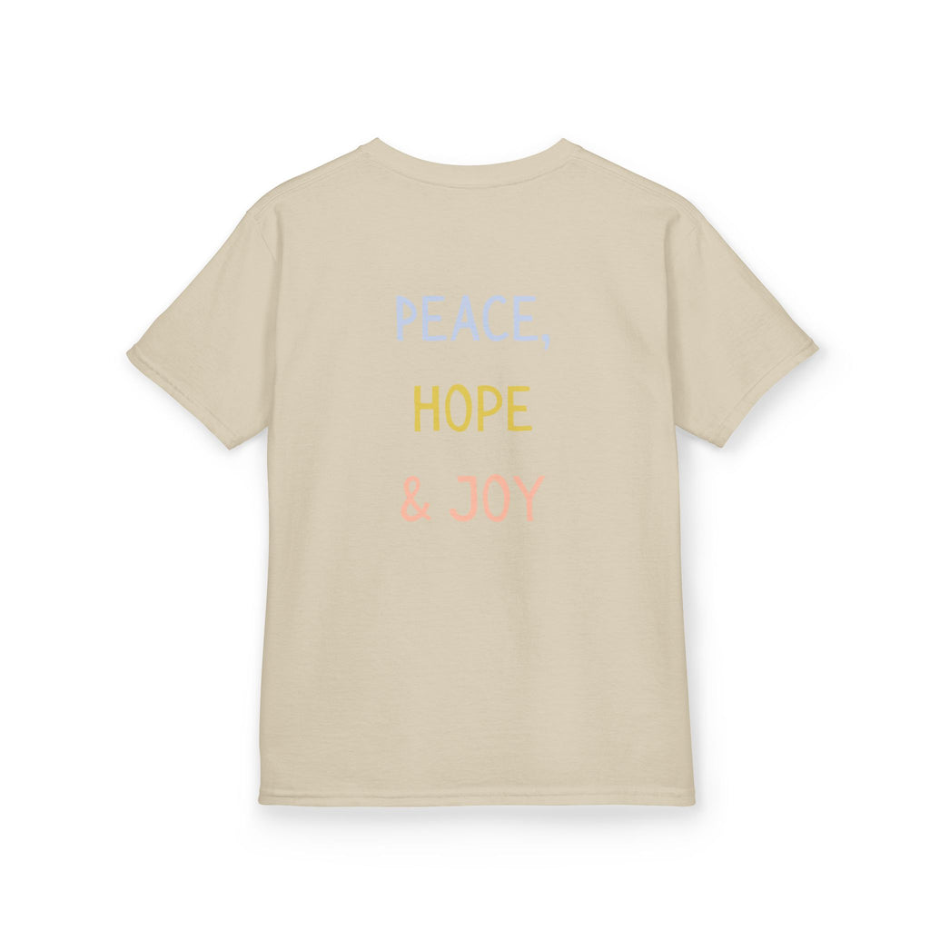 Kids Tee — Cute Good Shepherd Jesus with Lamb, “Peace, Hope & Joy” Christian Shirt