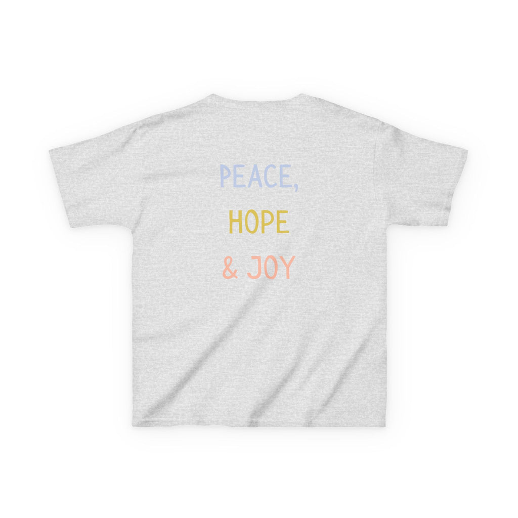 Kids Tee — Cute Good Shepherd Jesus with Lamb, “Peace, Hope & Joy” Christian Shirt