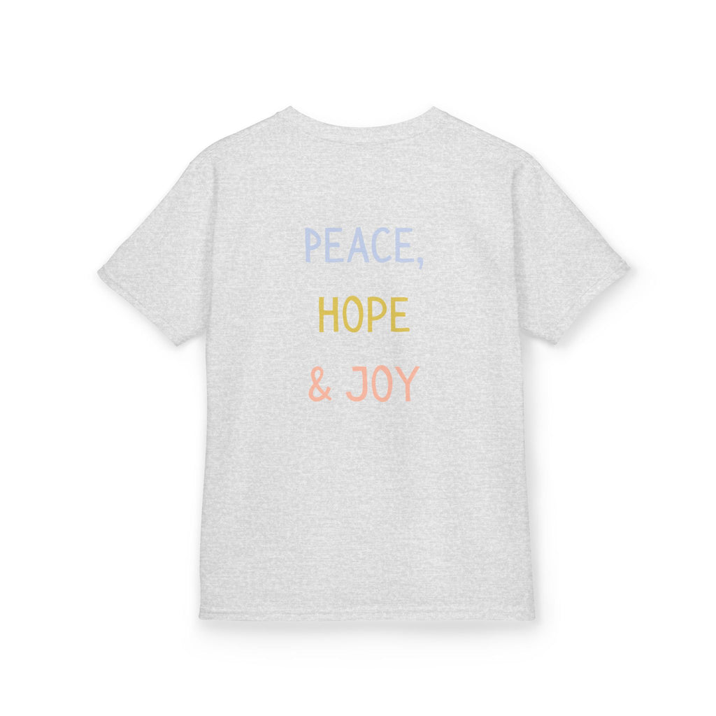 Kids Tee — Cute Good Shepherd Jesus with Lamb, “Peace, Hope & Joy” Christian Shirt