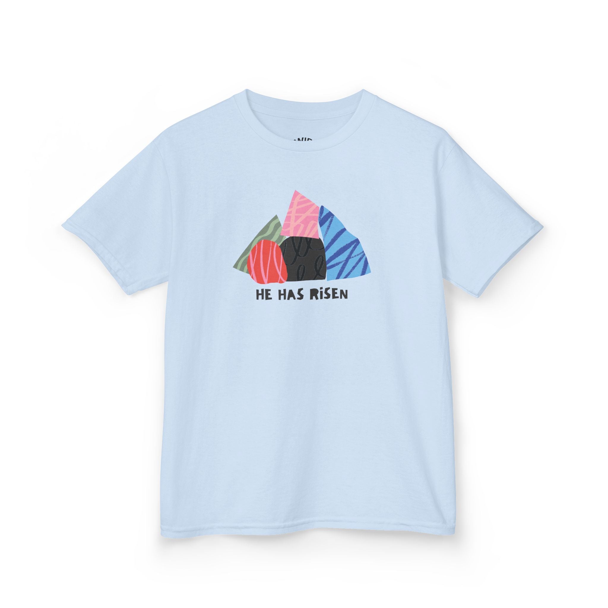 Kids Tee — Colorful Easter Tomb Design "He Has Risen"