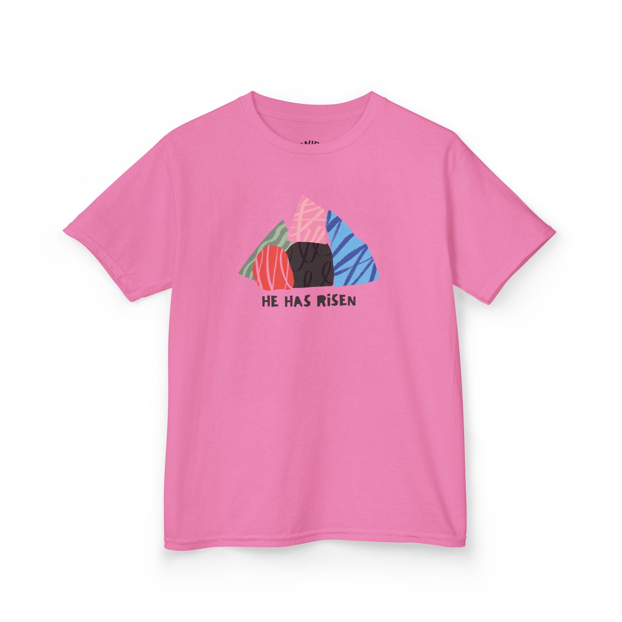 Kids Tee — Colorful Easter Tomb Design "He Has Risen"