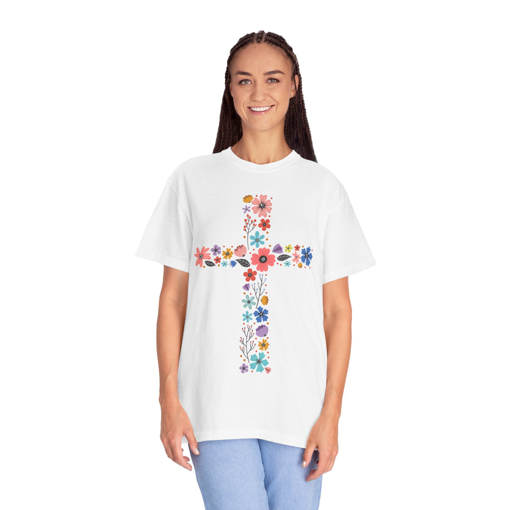 T-shirt Croix Florale — T-shirt graphique croix de fleurs colorées pour Pâques et la Foi
