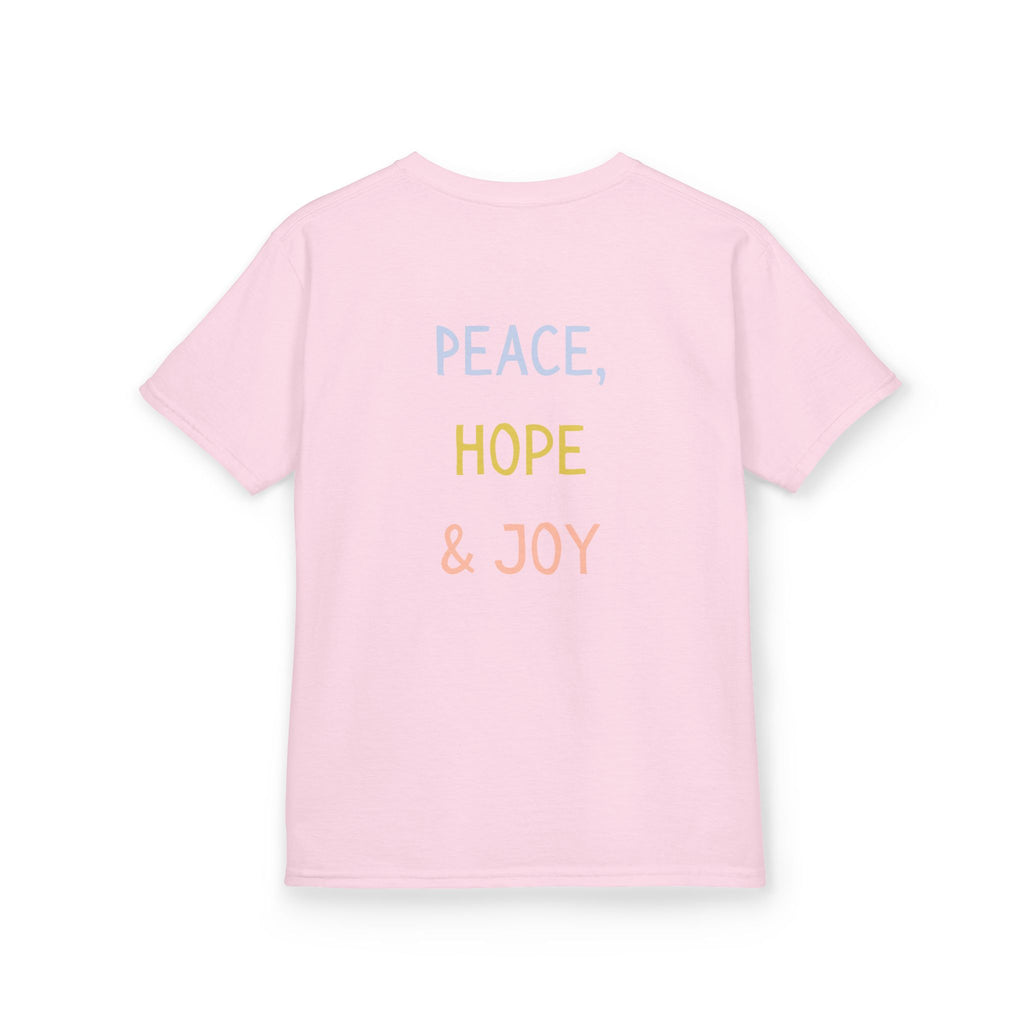 Kids Tee — Cute Good Shepherd Jesus with Lamb, “Peace, Hope & Joy” Christian Shirt