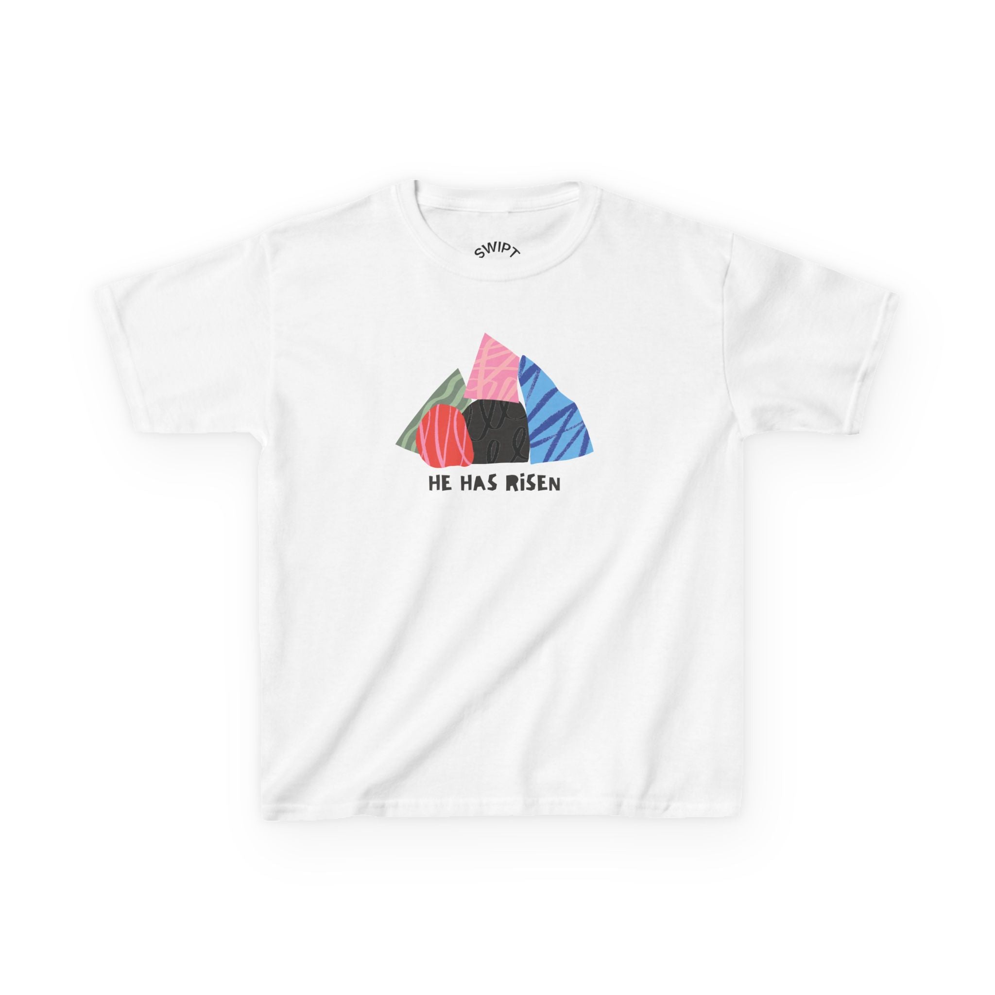 Kids Tee — Colorful Easter Tomb Design "He Has Risen"
