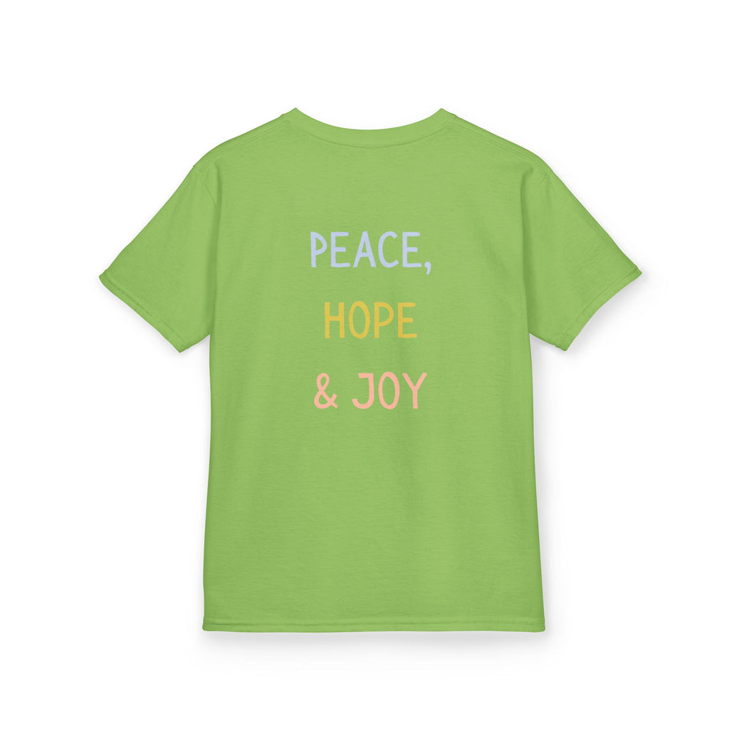 Kids Tee — Cute Good Shepherd Jesus with Lamb, “Peace, Hope & Joy” Christian Shirt