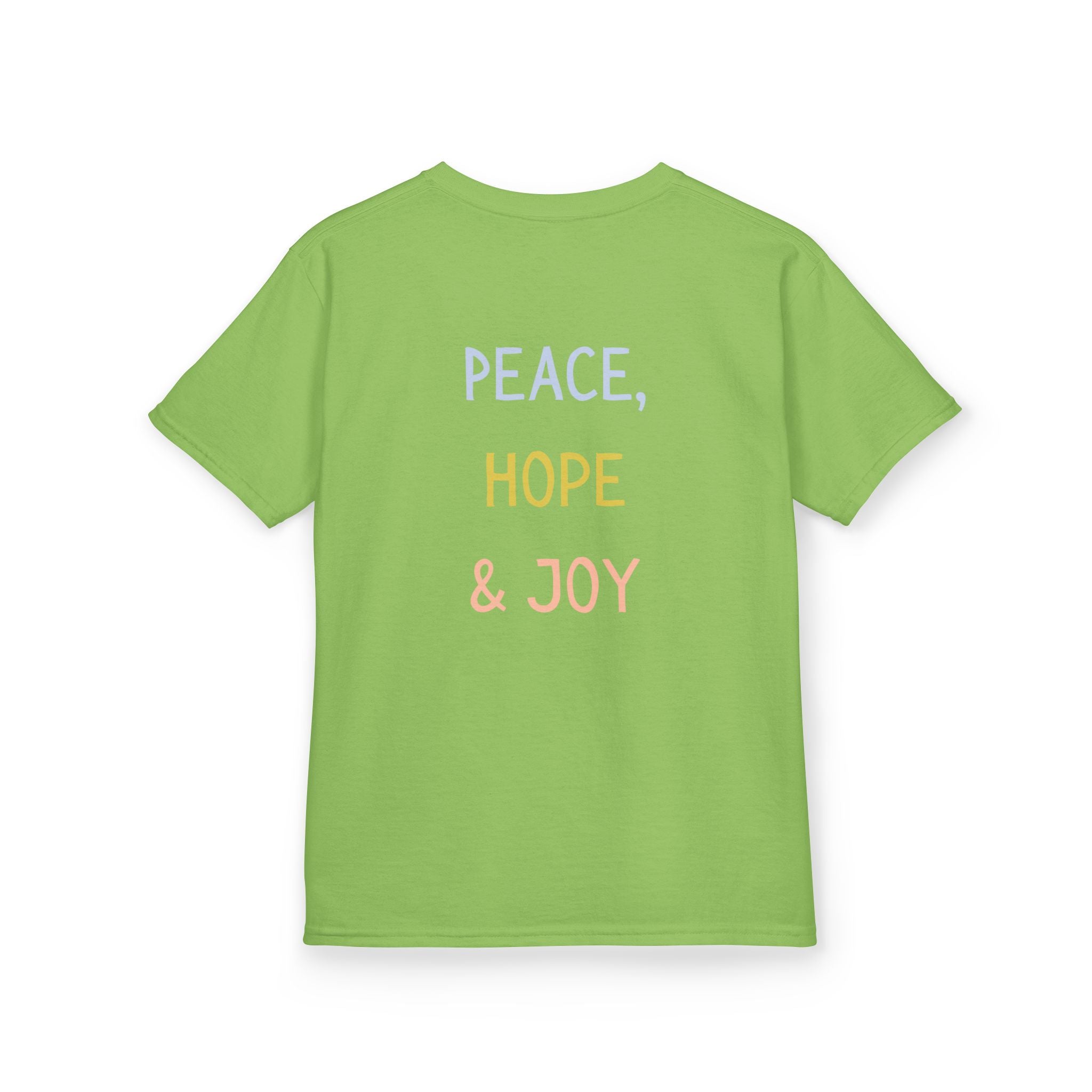 Kids Tee — Cute Good Shepherd Jesus with Lamb, “Peace, Hope & Joy” Christian Shirt